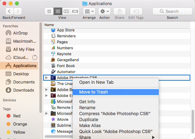 Move app to Trash bin from Mac Applications folder