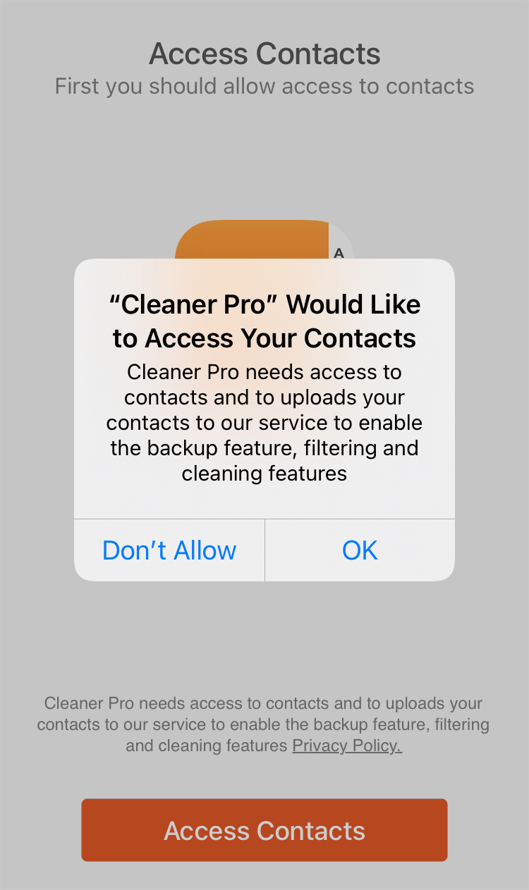 Cleaner Pro request to access your iPhone contacts